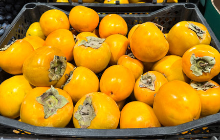 ripe persimmons in plastic crate, glossy orange skins, calyx intact, slight blemishes, market stall display, harvested from local orchard, sunlit autumn mood, healthy seasonal produce ready for saleの写真素材