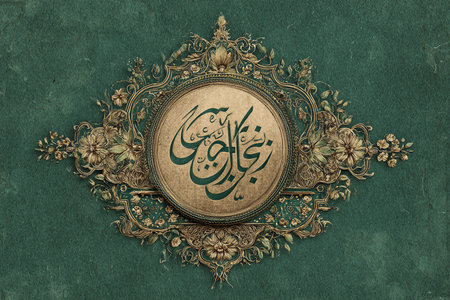 iqbal dayelegant islamic ornament, decorative gold floral medallion, ornate calligraphic medallion with floral framing, golden arabic calligraphy enclosed within intricate floral design on textured backgroundの写真素材