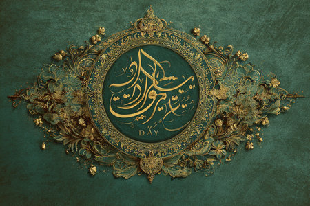 iqbal dayelegant arabic medallion, refined circular medallion featuring arabic blessings on aged background, ornate vintage badge showcasing arabic script and floral designs on distressed teal surfaceの写真素材