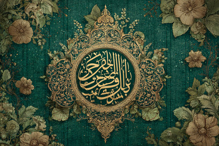 iqbal daydecorative round insignia, antique textile with floral accents, detailed circular design with gold accents on aged cloth, elaborate round badge crafted from vintage material with floral and goldの写真素材