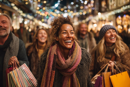 joyful holiday celebration, happy lady with shopping bags enjoying lively seasonal festivities, smiling woman with shopping bags showcased in vibrant holiday scene surrounded by friends and lightsの写真素材