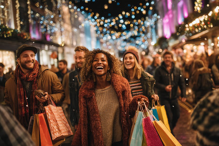 friends strolling through illuminated market with colorful shopping bags, string lights overhead, bustling crowd and joyful expressions, vibrant urban holiday energy and seasonal storefront displaysの写真素材