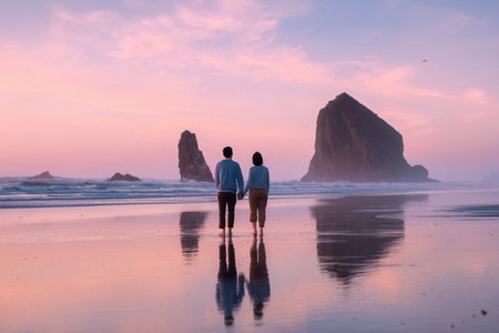two friends walking along sunrise shoreline, playful conversation and light footsteps on wet sand, pastel sky meeting gentle waves, sea stacks framing horizon, casual travel vibe and shared adventureの素材