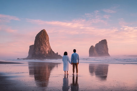 serene seaside twilight, quiet evening by rocky coast, tranquil dusk overlooking rugged shoreline with misty reflections, calm evening at coast with tranquil waters and softly glowing sunset skiesの素材
