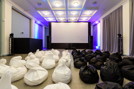 empty screening room with beanbags, set for startup pitch night and indie premiere, alternating black, cinema in a historic building, distinctive venue arrangement description,の写真素材