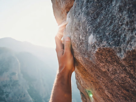 Close up shot of an adult male handholding on to a rock, illustration for rock climbing. Macro, Unrecognizable male rock climbersの素材