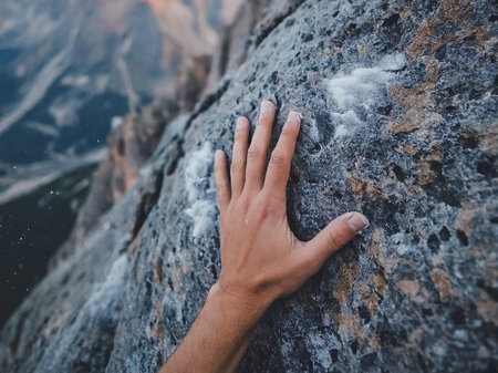 Close up shot of an adult male handholding on to a rock, illustration for rock climbing. Macro, Unrecognizable male rock climbersの素材