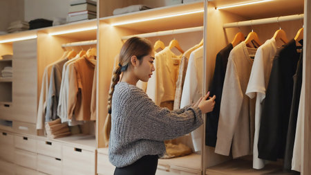 Smiling young woman looking at a sweater while picking an outfit for the day out of her bedroom closet in the morningの素材