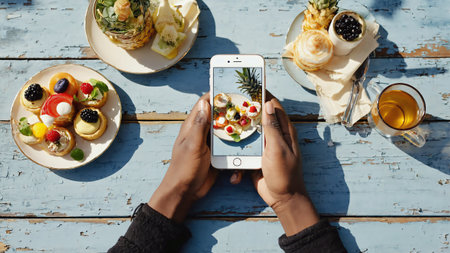 Male hands holding smartphone and taking photo of stylish table with desserts and cups of coffee from above. Concept of food photography, blogging and social media sharing.の素材