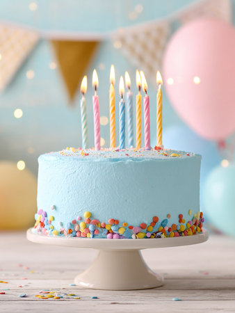 Colorful celebration birthday bento cake with colorful birthday candles and sparklers against a blue background. Space for textの素材