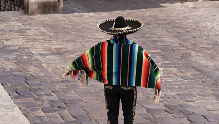 Revolucion Mexicana Man in traditional Mexican outfit with sombrero and colorful striped poncho walking on old cobblestone street, rear view. Concept of Mexican culture, national traditions and tourism.の素材