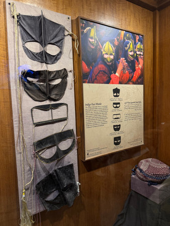 Traditional indigo face masks display in Omani museum with cultural explanation panelのeditorial素材
