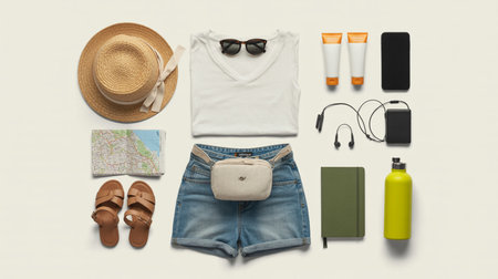 Flat lay of summer travel outfit with clothes accessories map and gadgets on white backgroundの素材