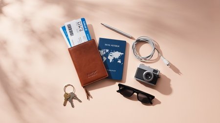Flat lay of travel essentials with smartphone passport tickets camera and sunglasses on pastel backgroundの素材