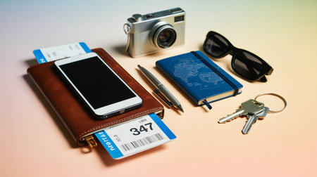 Flat lay of travel essentials with smartphone passport tickets camera and sunglasses on pastel backgroundの素材