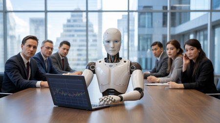 Humanoid robot leading business meeting with executives around conference tableの素材