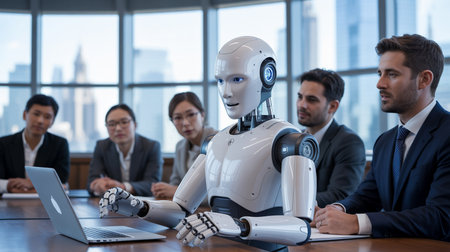 Humanoid robot leading business meeting with executives around conference tableの素材