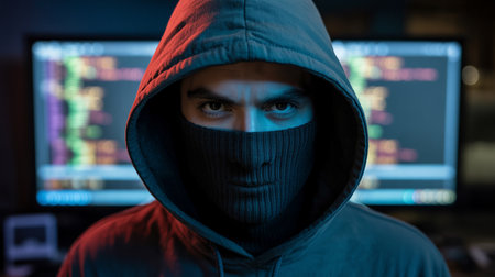 Hooded hacker in mask looking at camera with computer code on multiple monitorsの素材