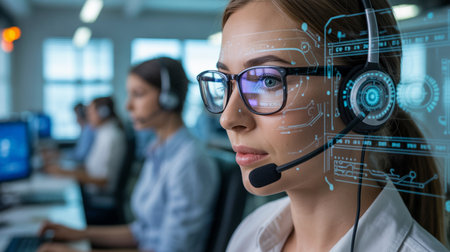 Futuristic call center operator with headset and holographic interface in modern officeの素材
