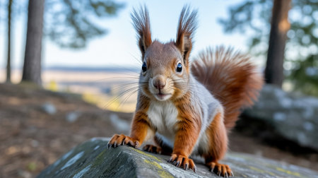 Curious red squirrel with fluffy ears standing on mossy rock in forestの素材