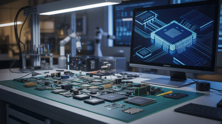 Electronics lab workstation with computer chip design on monitor and microchips on deskの素材