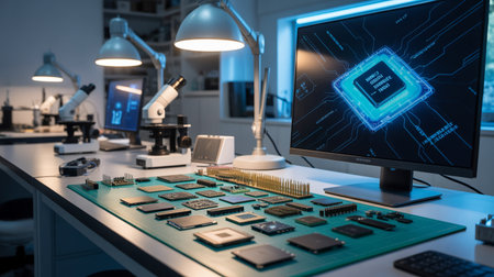 Electronics lab workstation with computer chip design on monitor and microchips on deskの素材