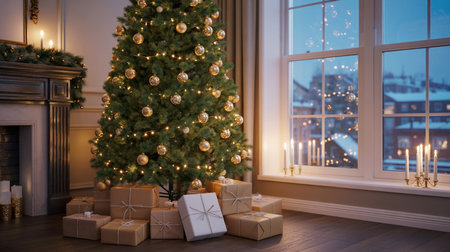 Cozy living room with decorated Christmas tree, gifts and candles by snowy windowの素材