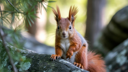 Curious red squirrel with fluffy ears standing on mossy rock in forestの素材