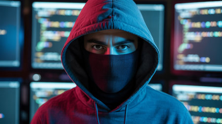 Hooded hacker in mask looking at camera with computer code on multiple monitorsの素材