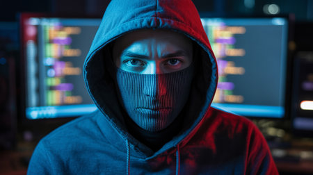 Hooded hacker in mask looking at camera with computer code on multiple monitorsの素材