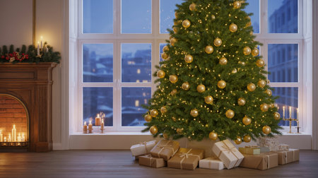 Cozy living room with decorated Christmas tree, gifts and candles by snowy windowの素材