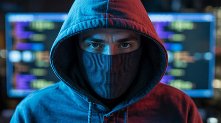 Hooded hacker in mask looking at camera with computer code on multiple monitorsの素材