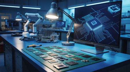 Electronics lab workstation with computer chip design on monitor and microchips on deskの素材
