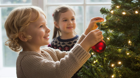 Happy children decorating Christmas tree with lights and red bauble at homeの素材