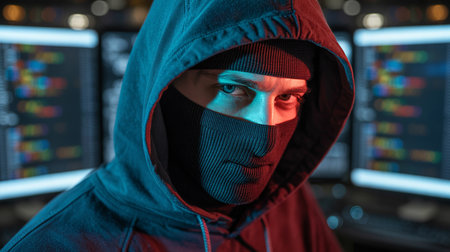 Hooded hacker in mask looking at camera with computer code on multiple monitorsの素材