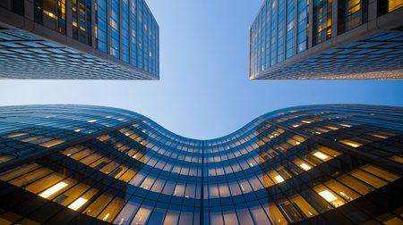 Curved glass office building atrium with modern architecture and blue evening skyの素材