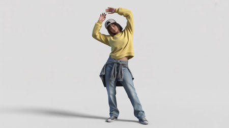 Casual young woman in yellow sweatshirt dancing on white background full lengthの素材