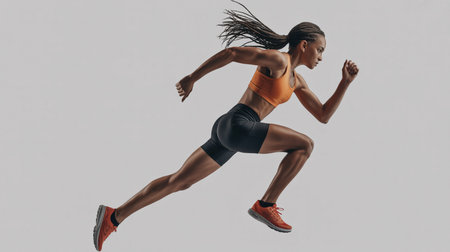Athletic woman sprinting in mid air on grey background wearing orange sportswearの素材