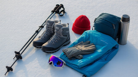 Winter hiking gear with boots poles sleeping bag and accessories on snowの素材