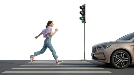 Young woman running across crosswalk near car and pedestrian traffic lightの素材