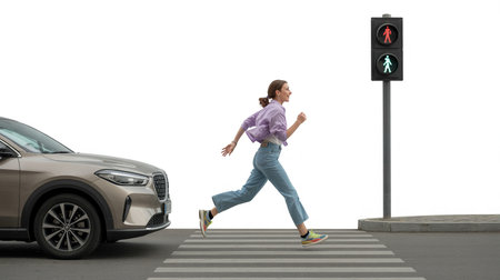 Young woman running across crosswalk near car and pedestrian traffic lightの素材