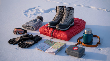 Winter survival kit designed for microadventures or rescue operations in cold conditionsの素材