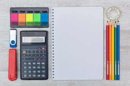 flat lay: notepad and calculator, office setの写真素材