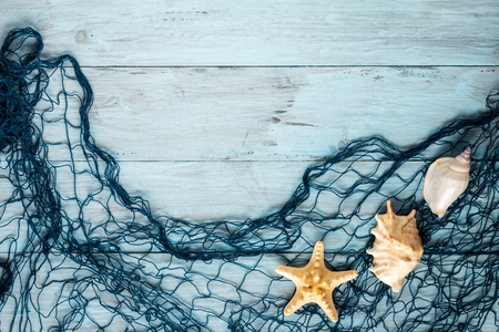 Marine Network and shells on blue boards, copyspaceの写真素材