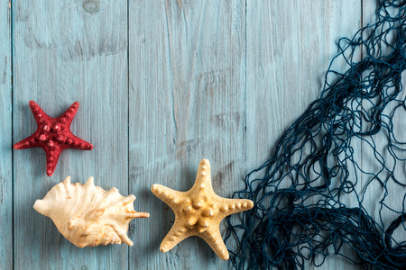 Marine Network and shells on blue boards, flat layの写真素材