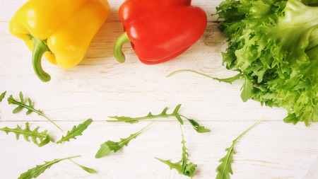 bell pepper, green salad and arugula, top viewの写真素材