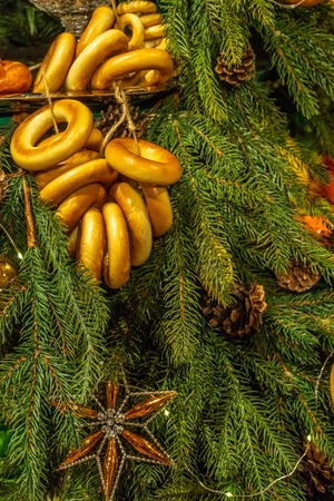 Christmas decorations on an artificial Christmas treeの写真素材