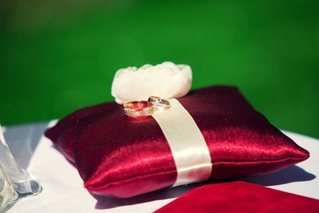 Wedding rings on a red cushion on a background of green grassの写真素材