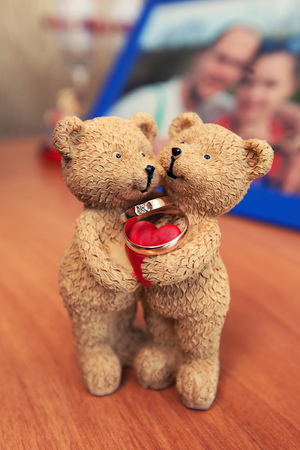 wedding rings in hands of two bearsの写真素材