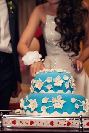 Delicious turquoise blue wedding cake decorated with sugar flowersの写真素材